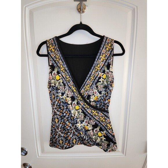 WHBM Sleeveless Reversible Floral Yellow Black Faux Wrap Top Small - Picture 1 of 7